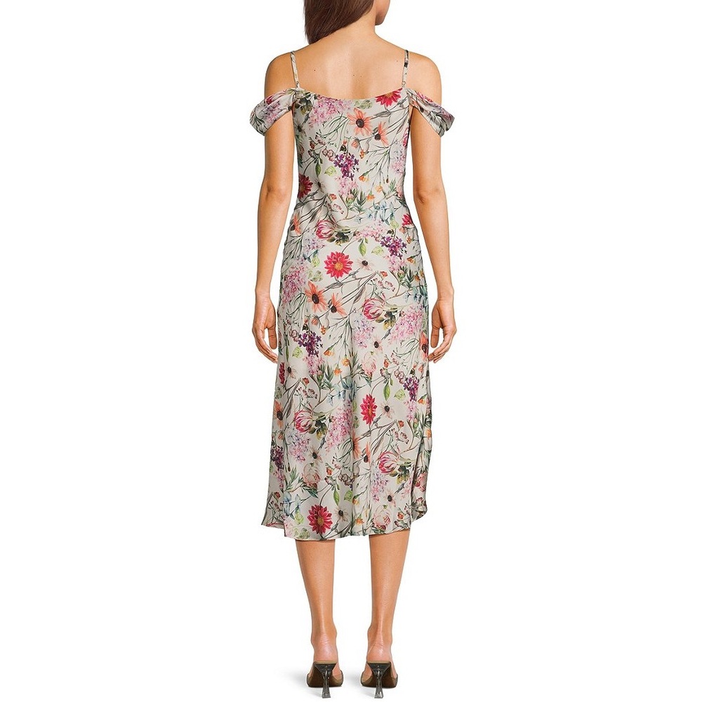 Wildflower Print Off The Shoulder Spaghetti Strap Cowl Neck Midi Slit Dress - Picture 4 of 4